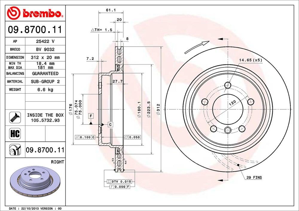 brembo disc brake rotor  frsport 09.8700.11