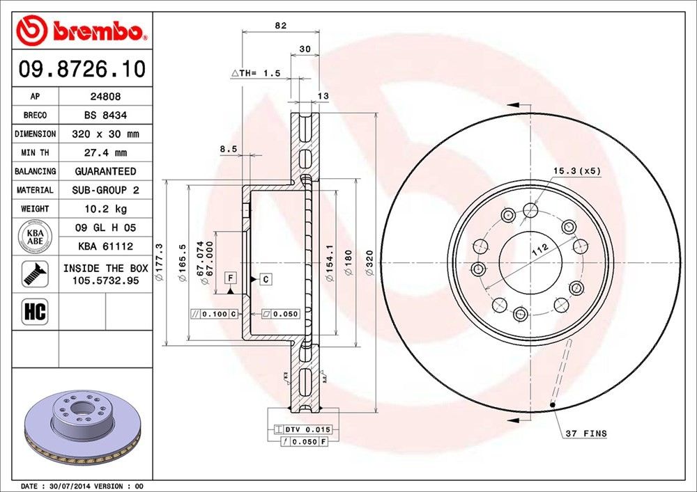 brembo disc brake rotor  frsport 09.8726.10