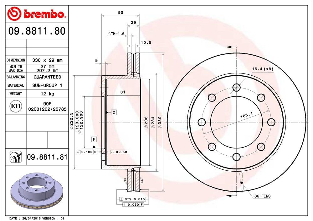 brembo disc brake rotor  frsport 09.8811.81