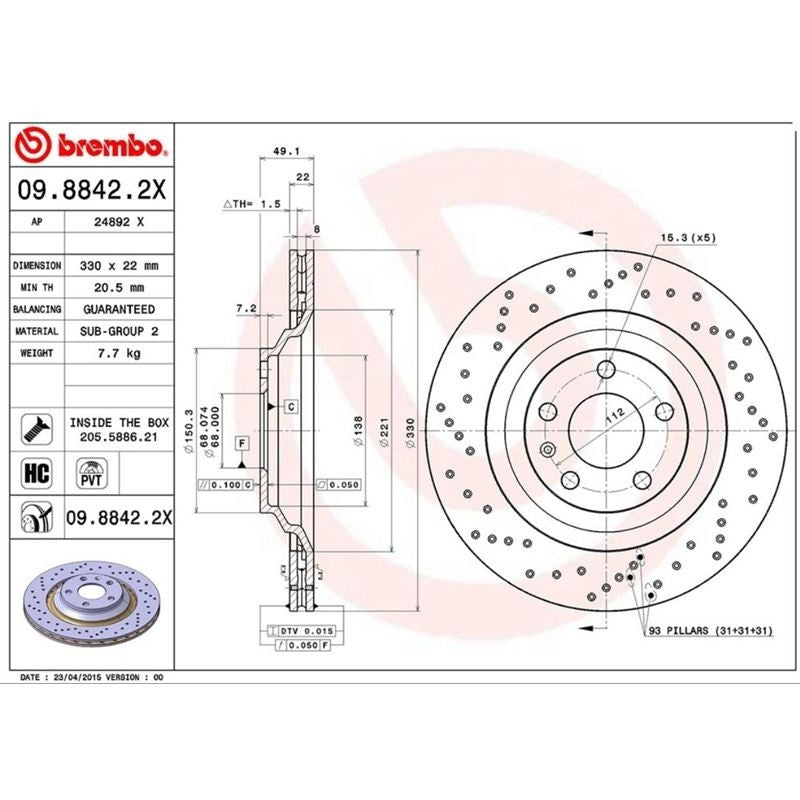 Brembo Disc Brake Rotor  top view frsport 09.8842.2X