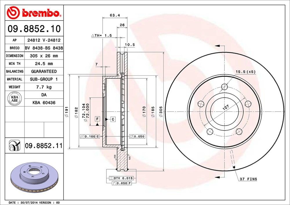 brembo disc brake rotor  frsport 09.8852.11