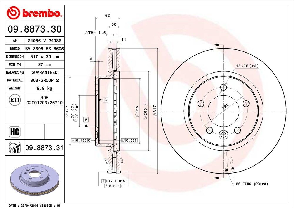 brembo disc brake rotor  frsport 09.8873.31