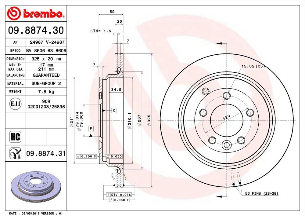 brembo disc brake rotor  frsport 09.8874.31