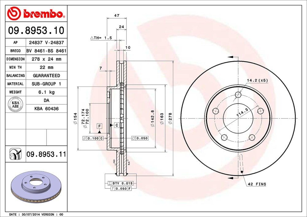 brembo disc brake rotor  frsport 09.8953.11