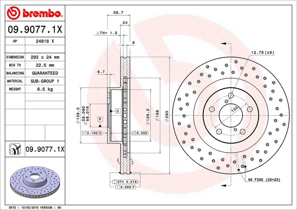 brembo disc brake rotor  frsport 09.9077.1x