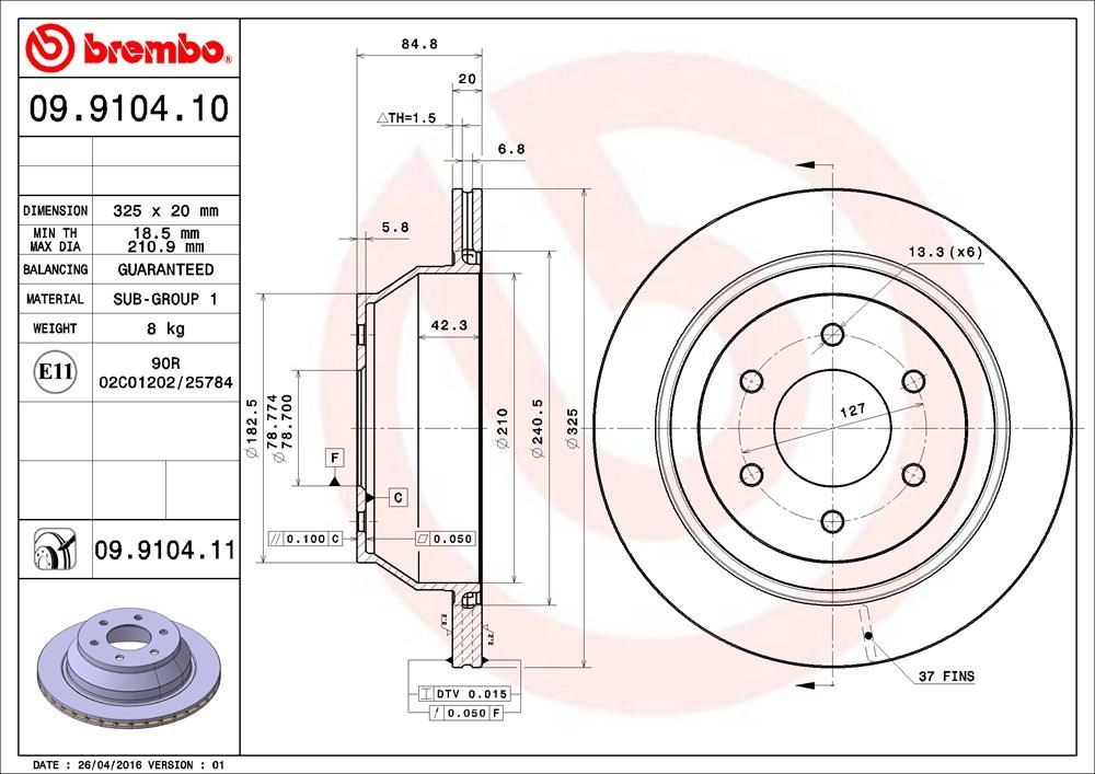 brembo disc brake rotor  frsport 09.9104.11