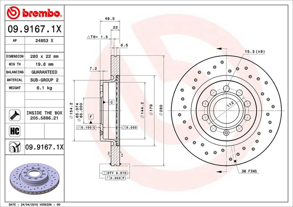 brembo disc brake rotor  frsport 09.9167.1x