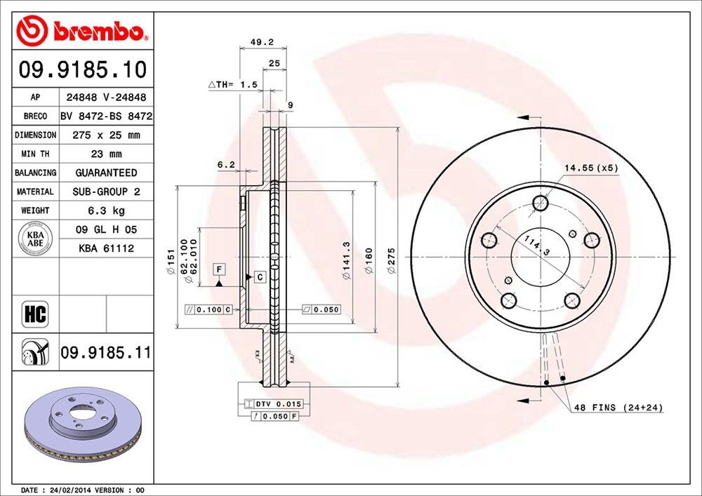 brembo disc brake rotor  frsport 09.9185.11