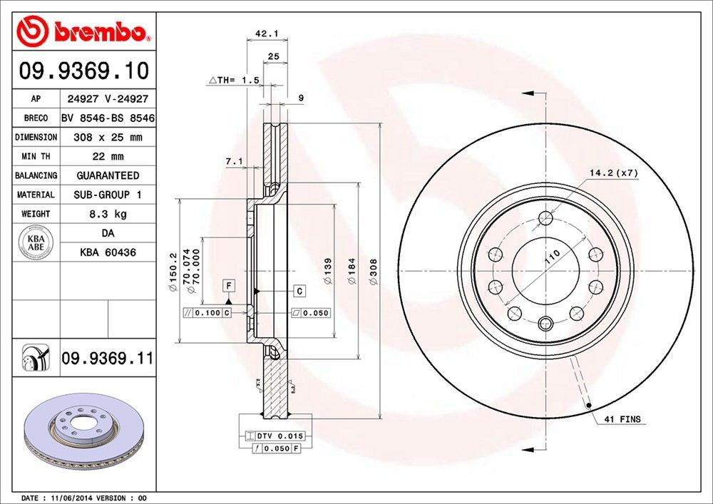 brembo disc brake rotor  frsport 09.9369.11