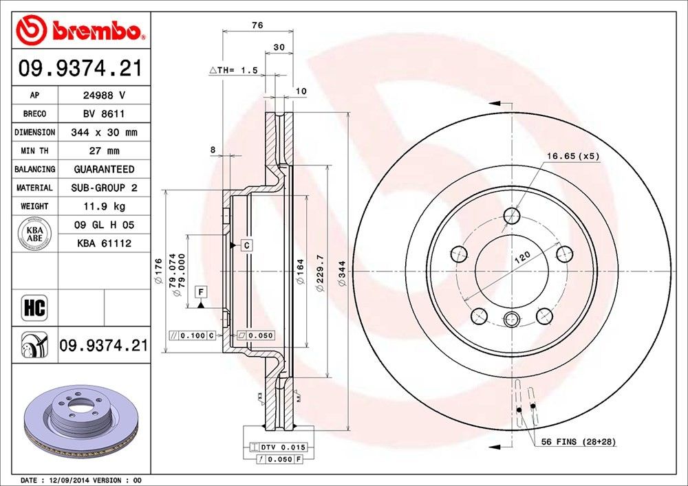 brembo disc brake rotor  frsport 09.9374.21