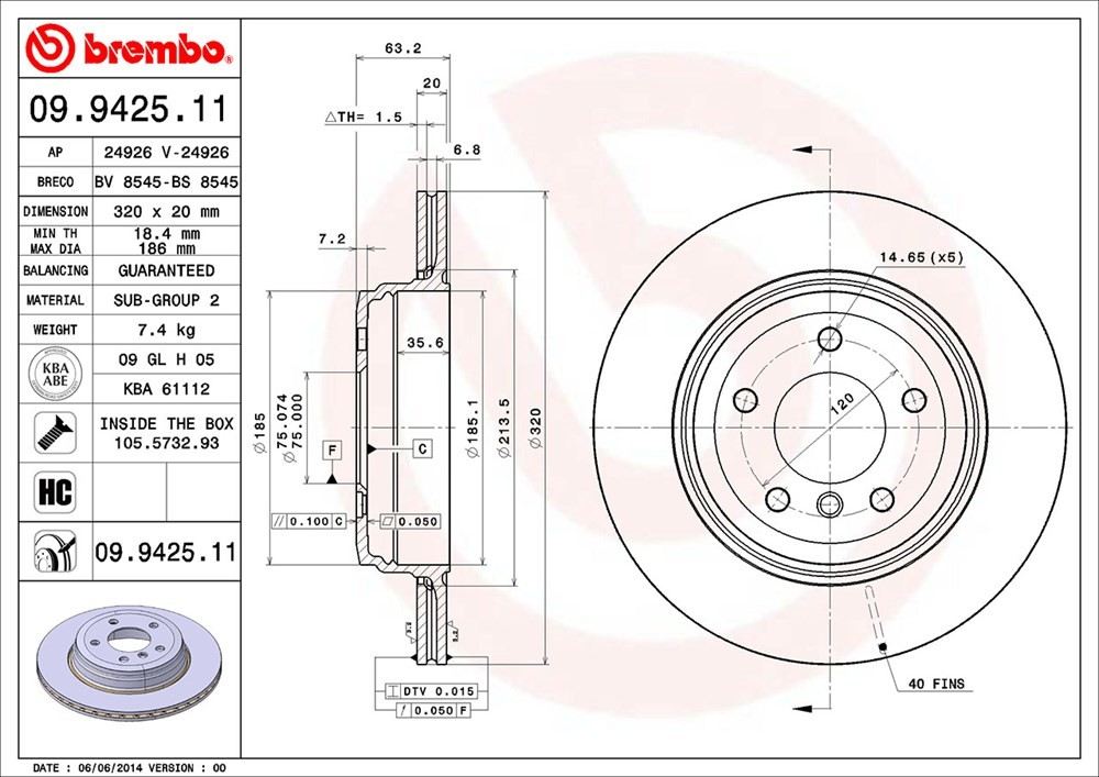 brembo disc brake rotor  frsport 09.9425.11