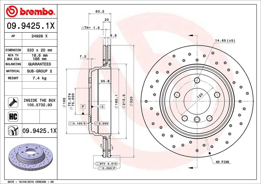 brembo disc brake rotor  frsport 09.9425.1x