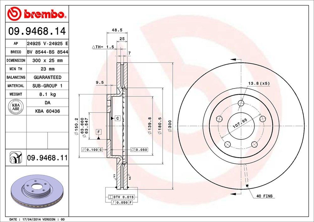 brembo disc brake rotor  frsport 09.9468.11