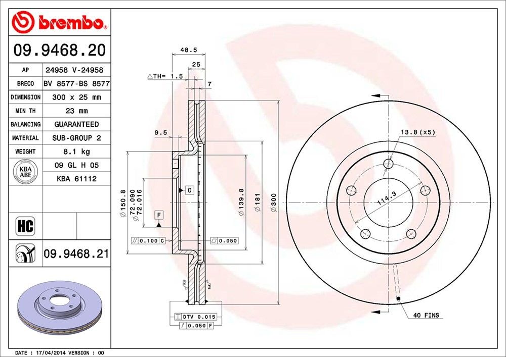 brembo disc brake rotor  frsport 09.9468.21