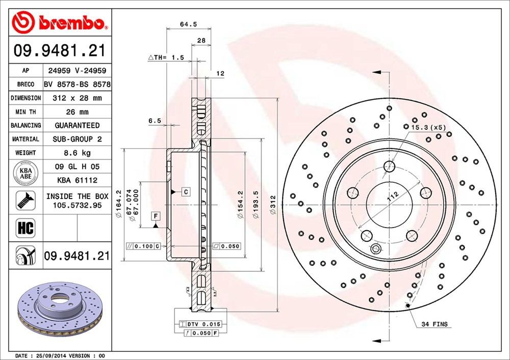 brembo disc brake rotor  frsport 09.9481.21