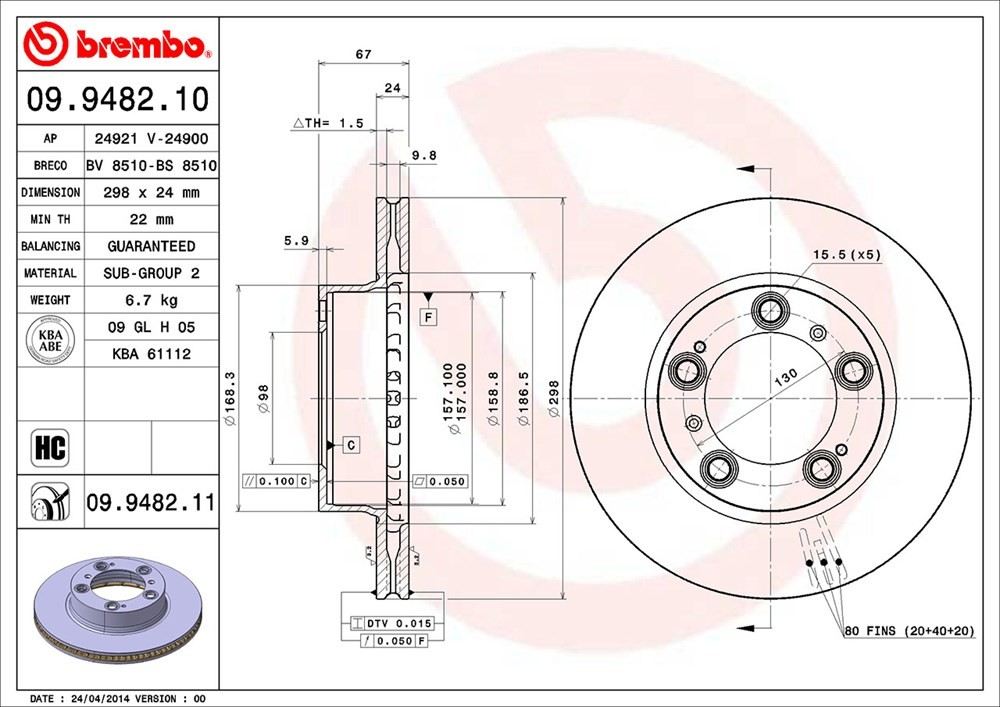 brembo disc brake rotor  frsport 09.9482.11