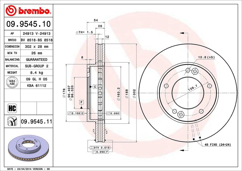 brembo disc brake rotor  frsport 09.9545.11