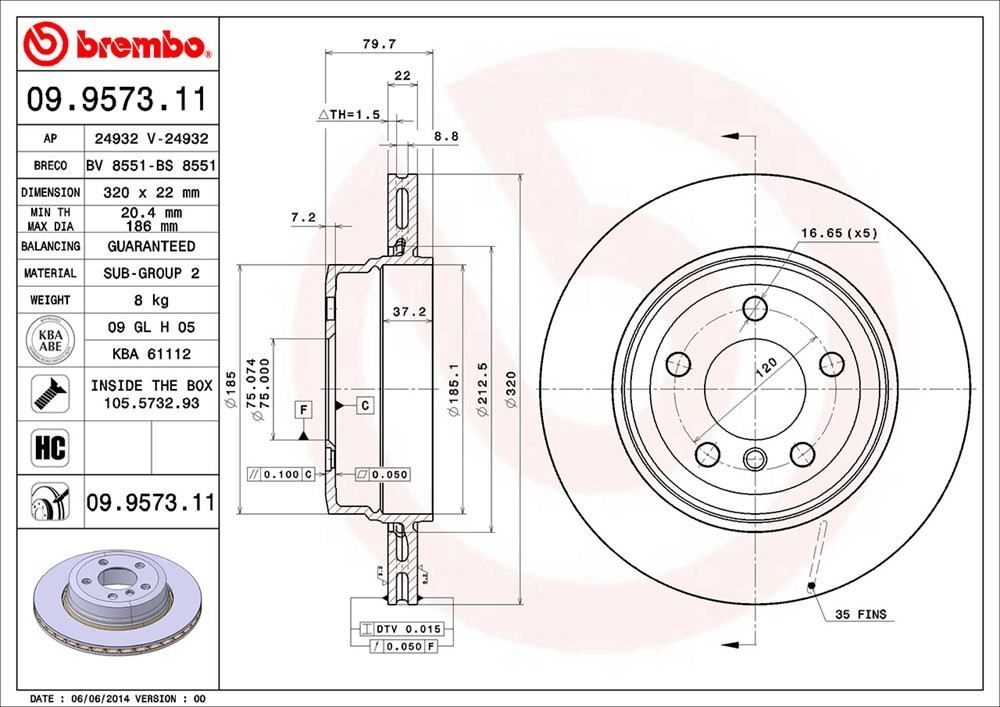 brembo disc brake rotor  frsport 09.9573.11