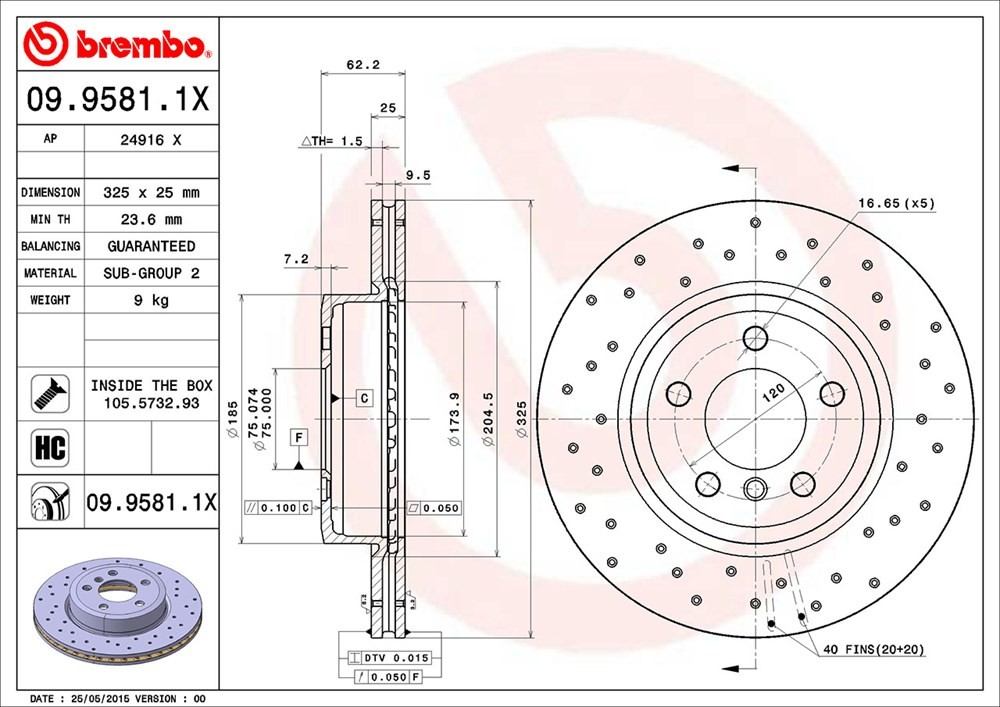 brembo disc brake rotor  frsport 09.9581.1x