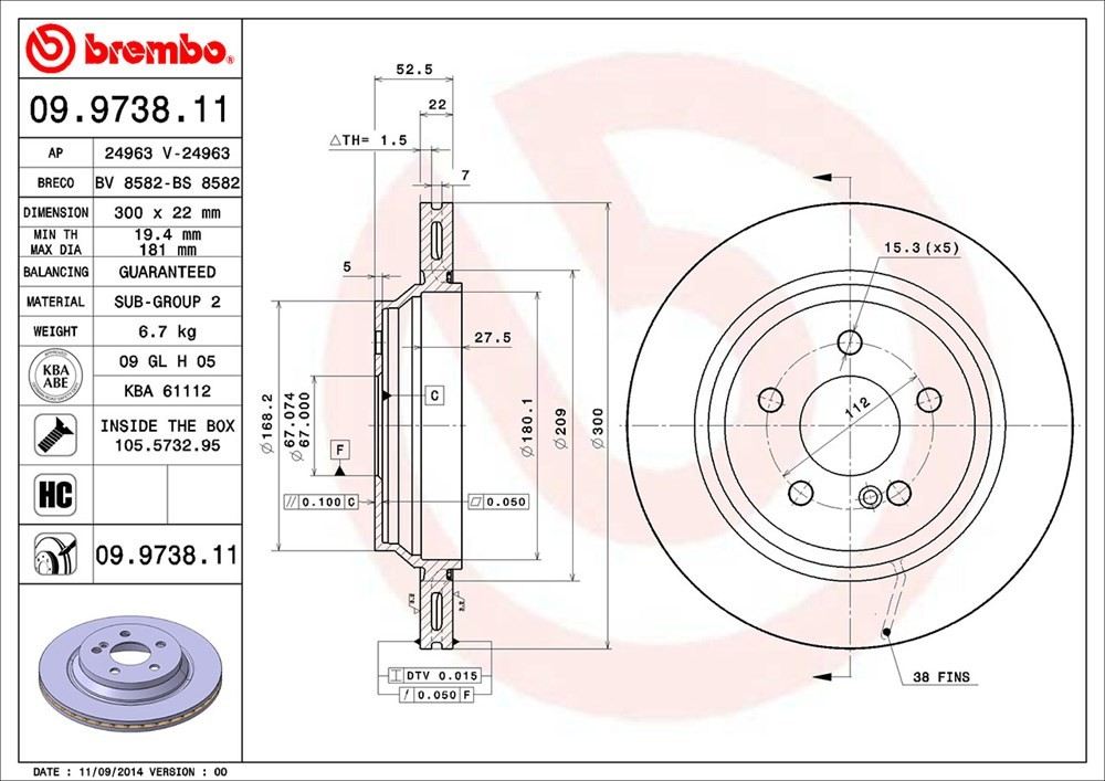 brembo disc brake rotor  frsport 09.9738.11