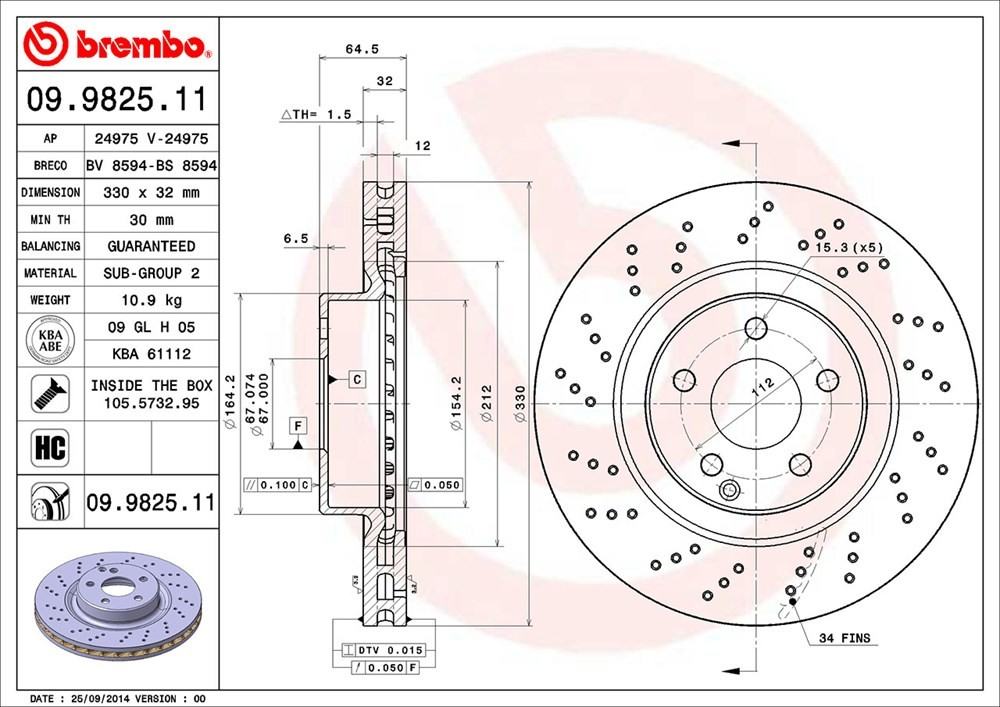 brembo disc brake rotor  frsport 09.9825.11