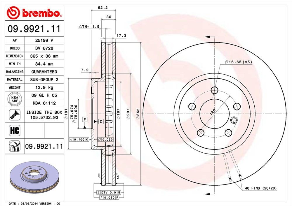 brembo disc brake rotor  frsport 09.9921.11