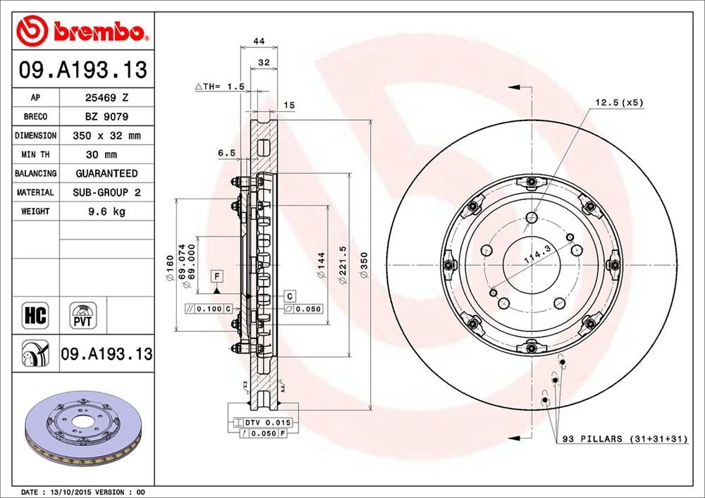 brembo disc brake rotor  frsport 09.a193.13