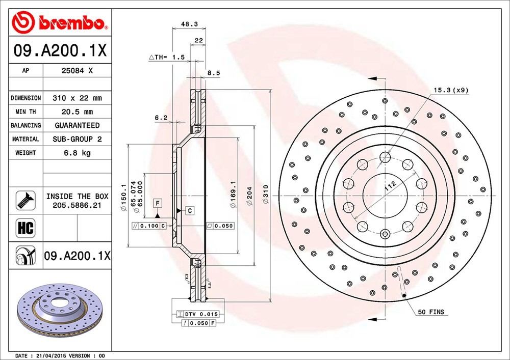 brembo disc brake rotor  frsport 09.a200.1x