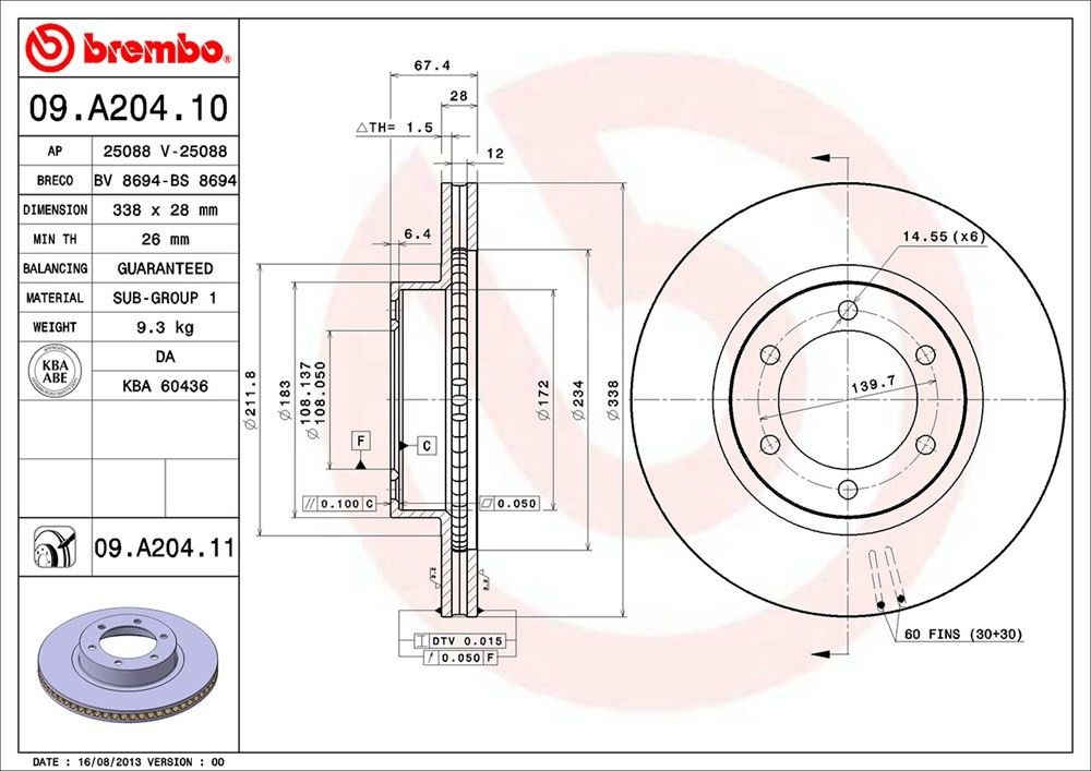 brembo disc brake rotor  frsport 09.a204.11