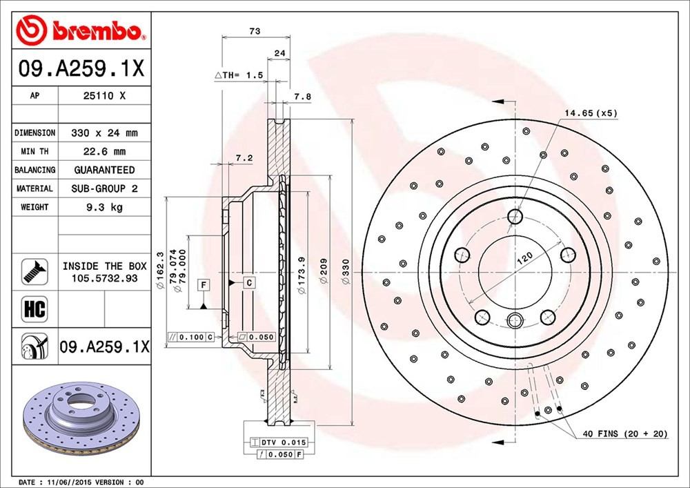 brembo disc brake rotor  frsport 09.a259.1x