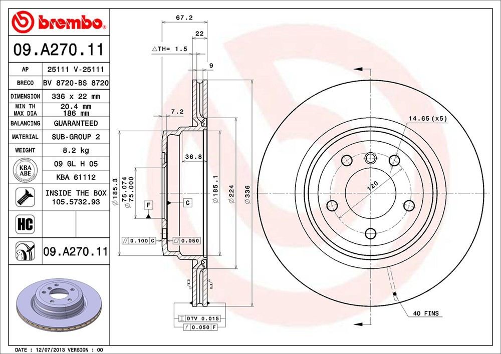 brembo disc brake rotor  frsport 09.a270.11