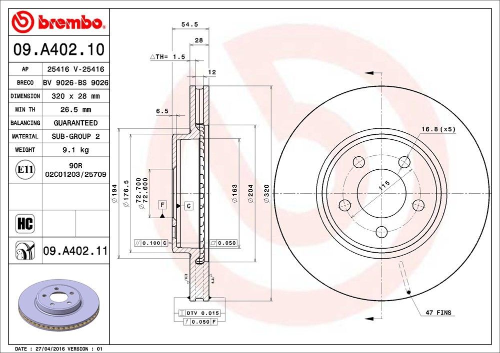 brembo disc brake rotor  frsport 09.a402.11