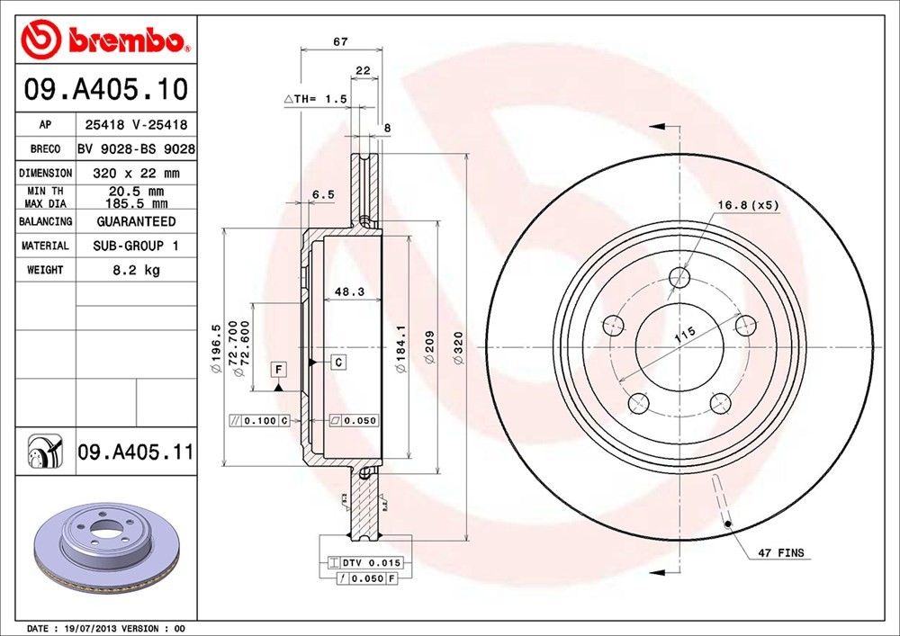 brembo disc brake rotor  frsport 09.a405.11