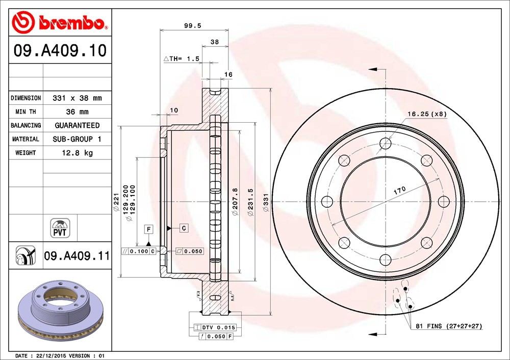 brembo disc brake rotor  frsport 09.a409.11