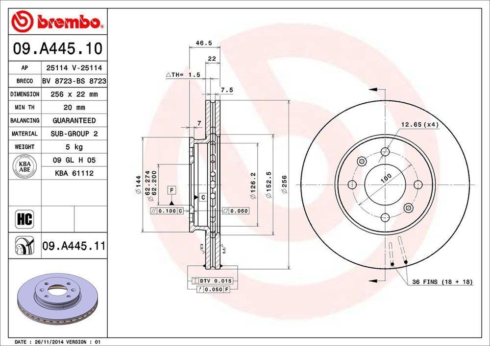 brembo disc brake rotor  frsport 09.a445.11