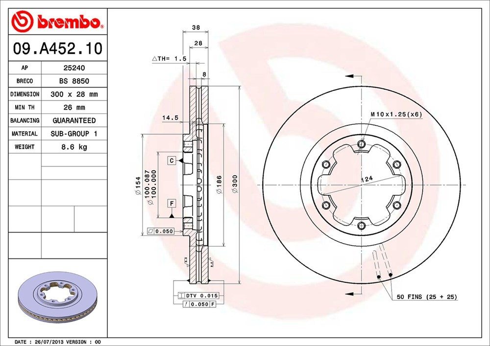 brembo disc brake rotor  frsport 09.a452.10