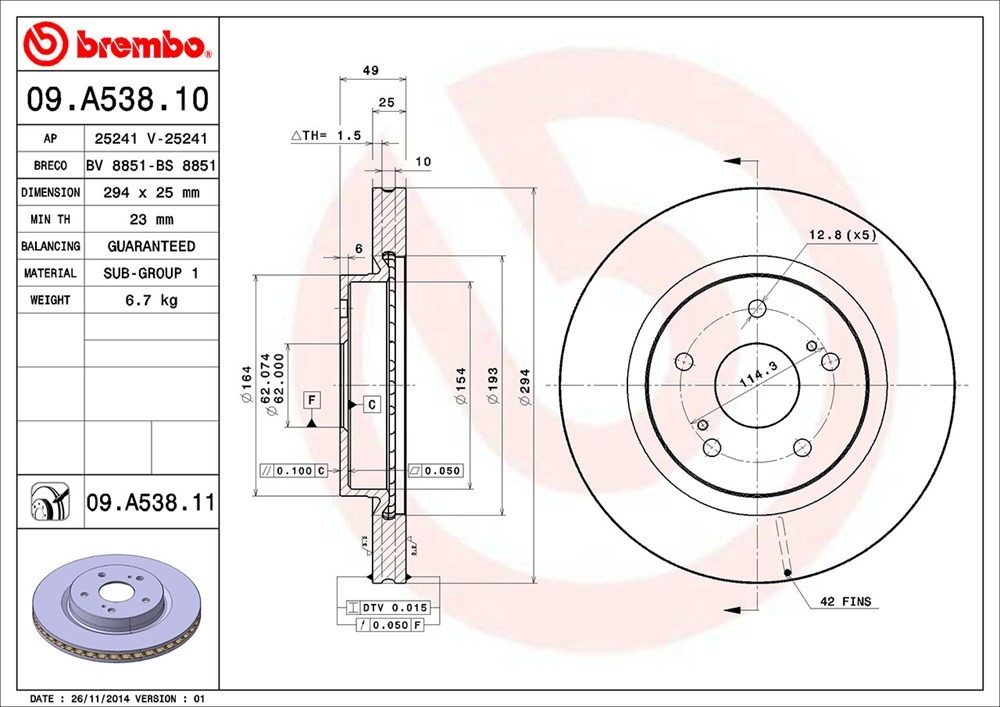 brembo disc brake rotor  frsport 09.a538.11