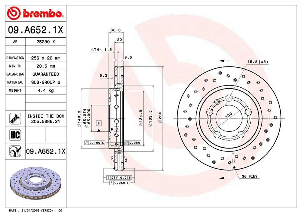 brembo disc brake rotor  frsport 09.a652.1x