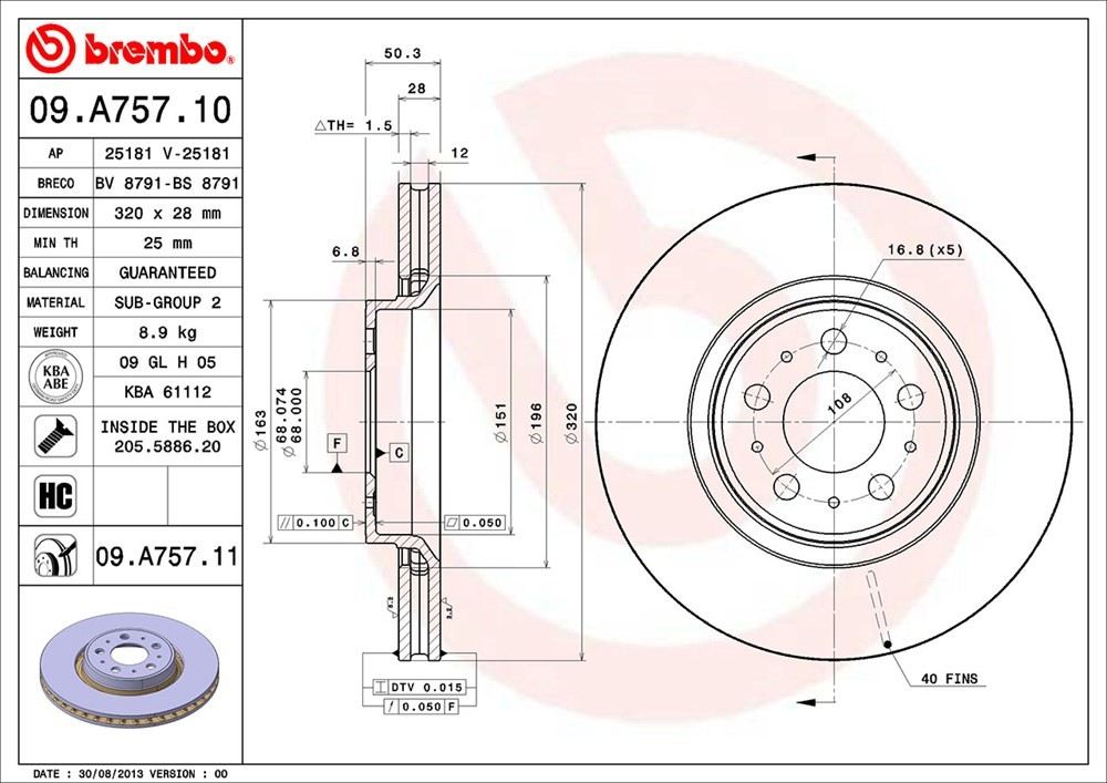 brembo disc brake rotor  frsport 09.a757.11