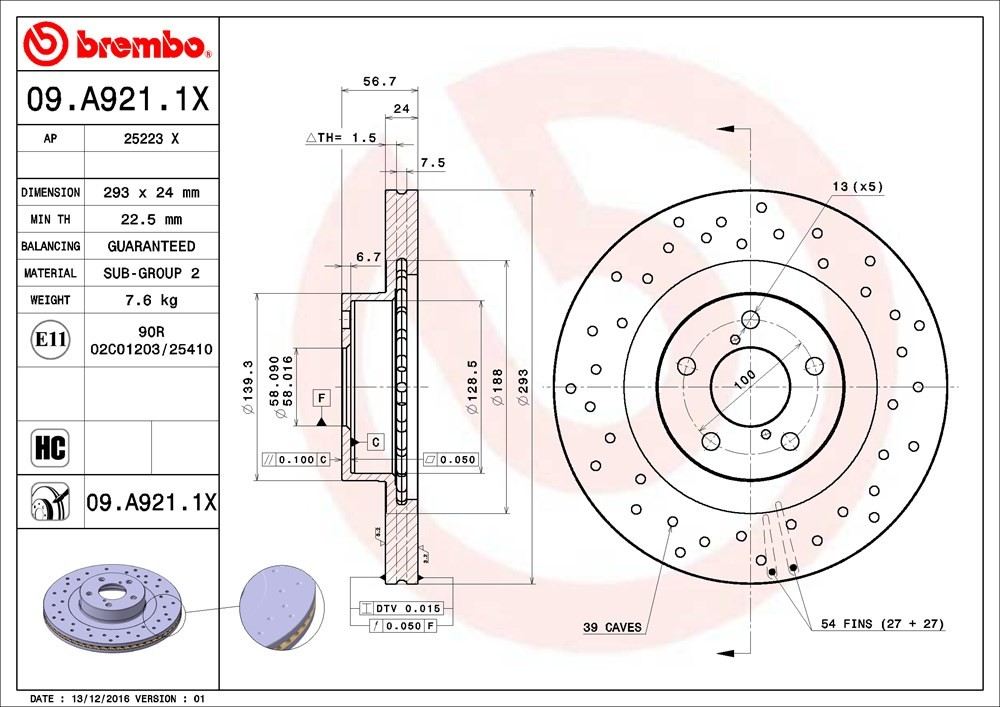 brembo disc brake rotor  frsport 09.a921.1x