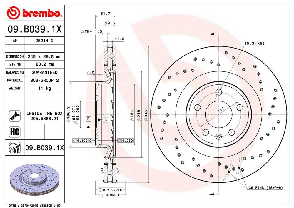 brembo disc brake rotor  frsport 09.b039.1x