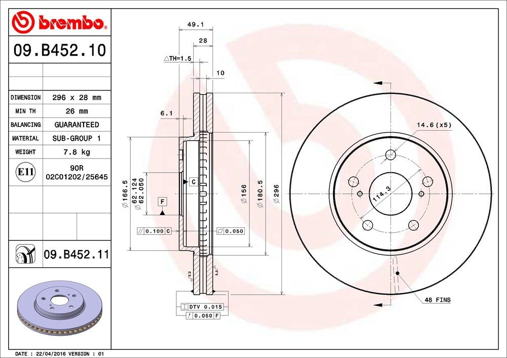 brembo disc brake rotor  frsport 09.b452.11