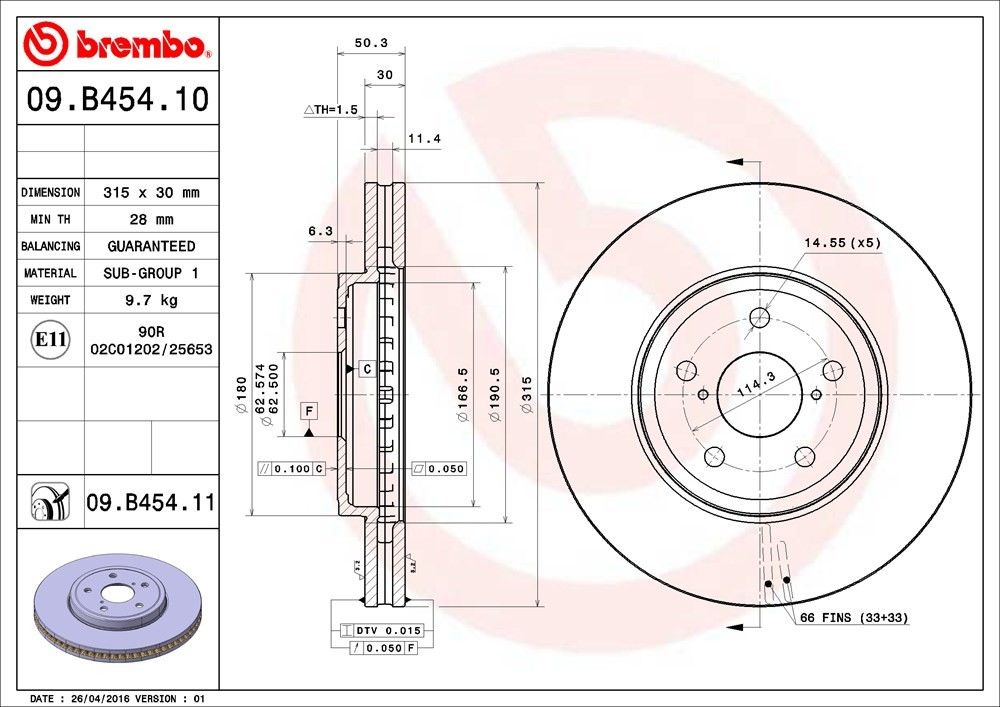 brembo disc brake rotor  frsport 09.b454.11