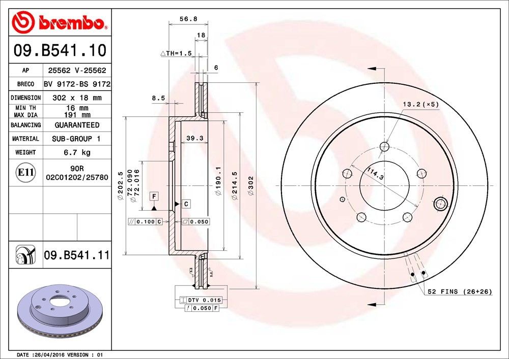 brembo disc brake rotor  frsport 09.b541.11