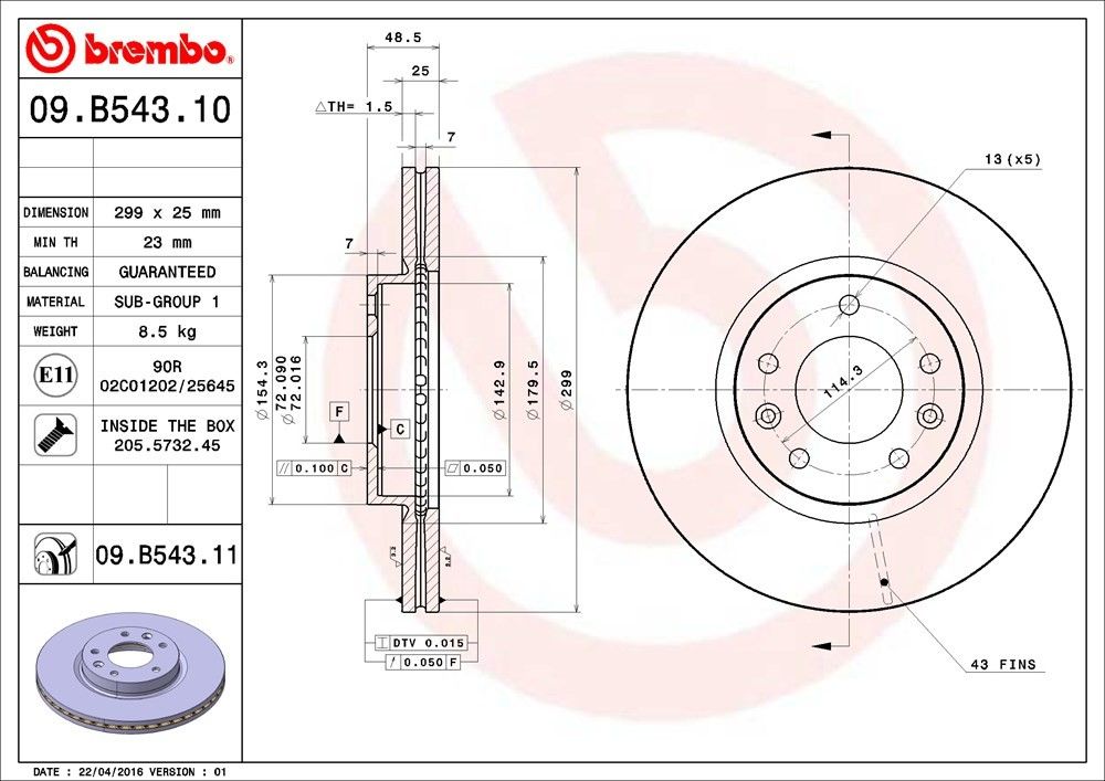 brembo disc brake rotor  frsport 09.b543.11