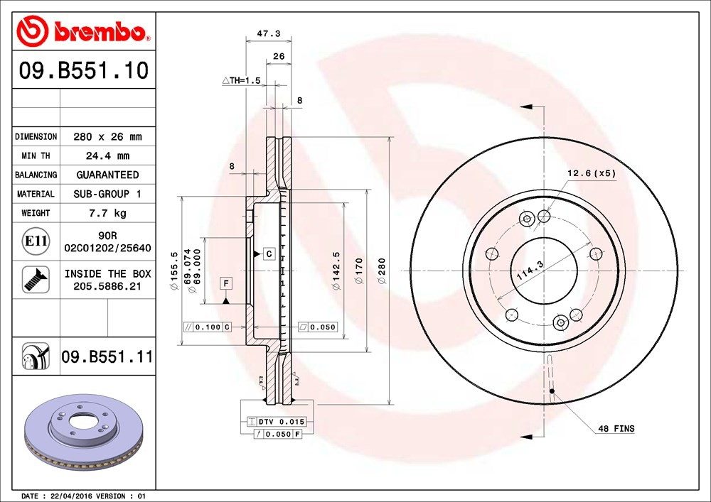 brembo disc brake rotor  frsport 09.b551.11