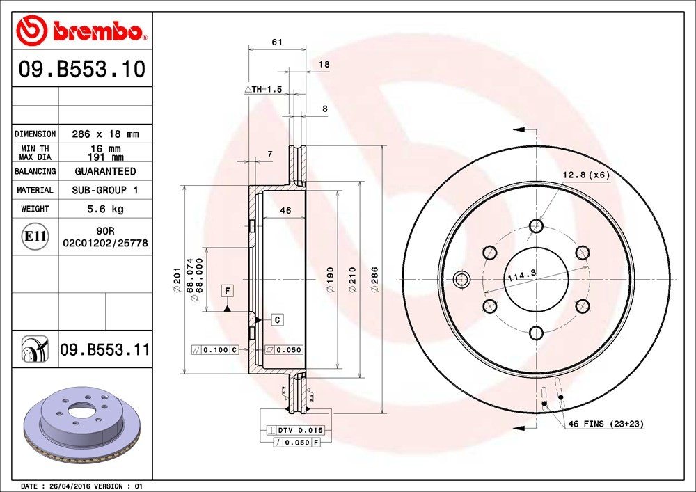 brembo disc brake rotor  frsport 09.b553.11