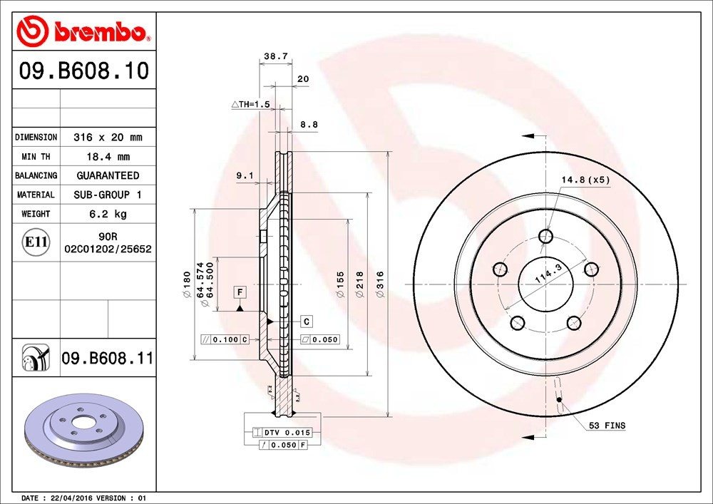 brembo disc brake rotor  frsport 09.b608.11