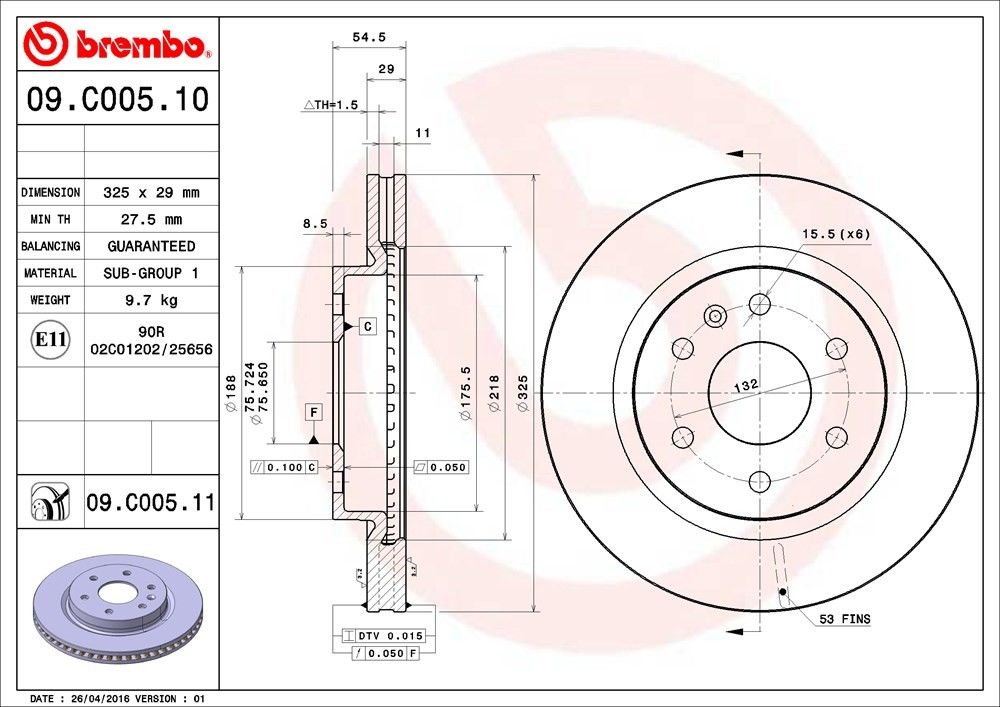 brembo disc brake rotor  frsport 09.c005.11