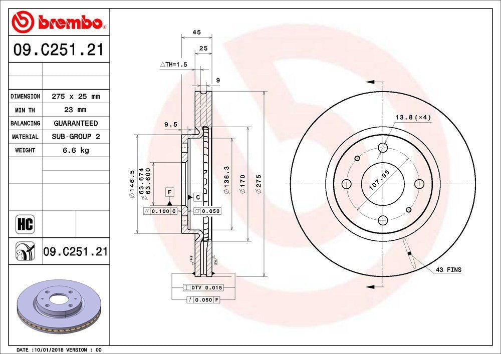 Brembo Disc Brake Rotor  top view frsport 09.C251.21